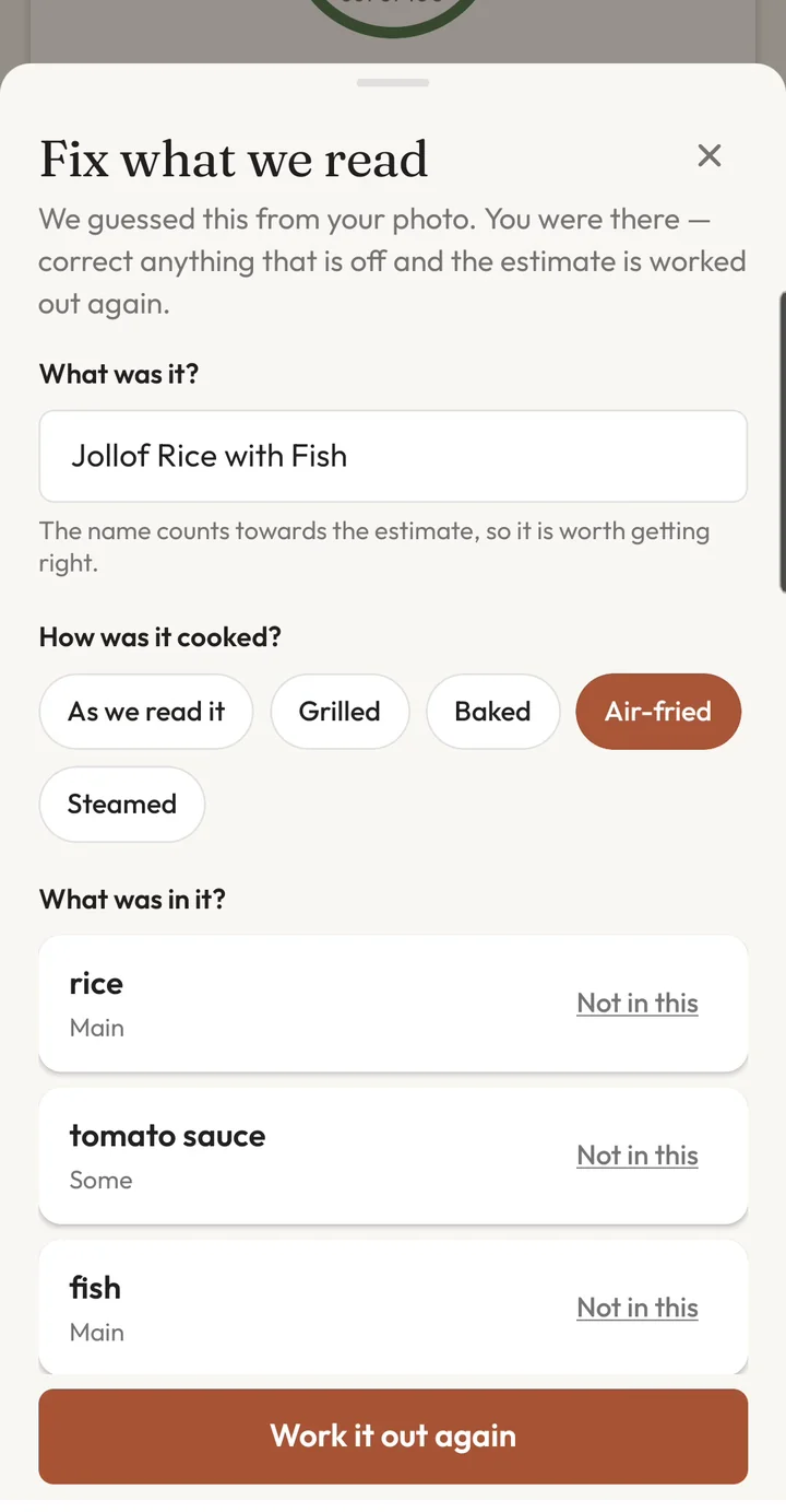 The correction sheet, Fix what we read, with the meal name, how it was cooked set to air-fried, and the ingredients listed.