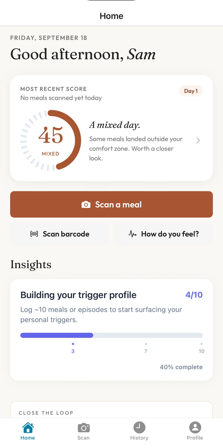 The home screen with today's average, a Scan a meal button, and a How do you feel button for logging symptoms.