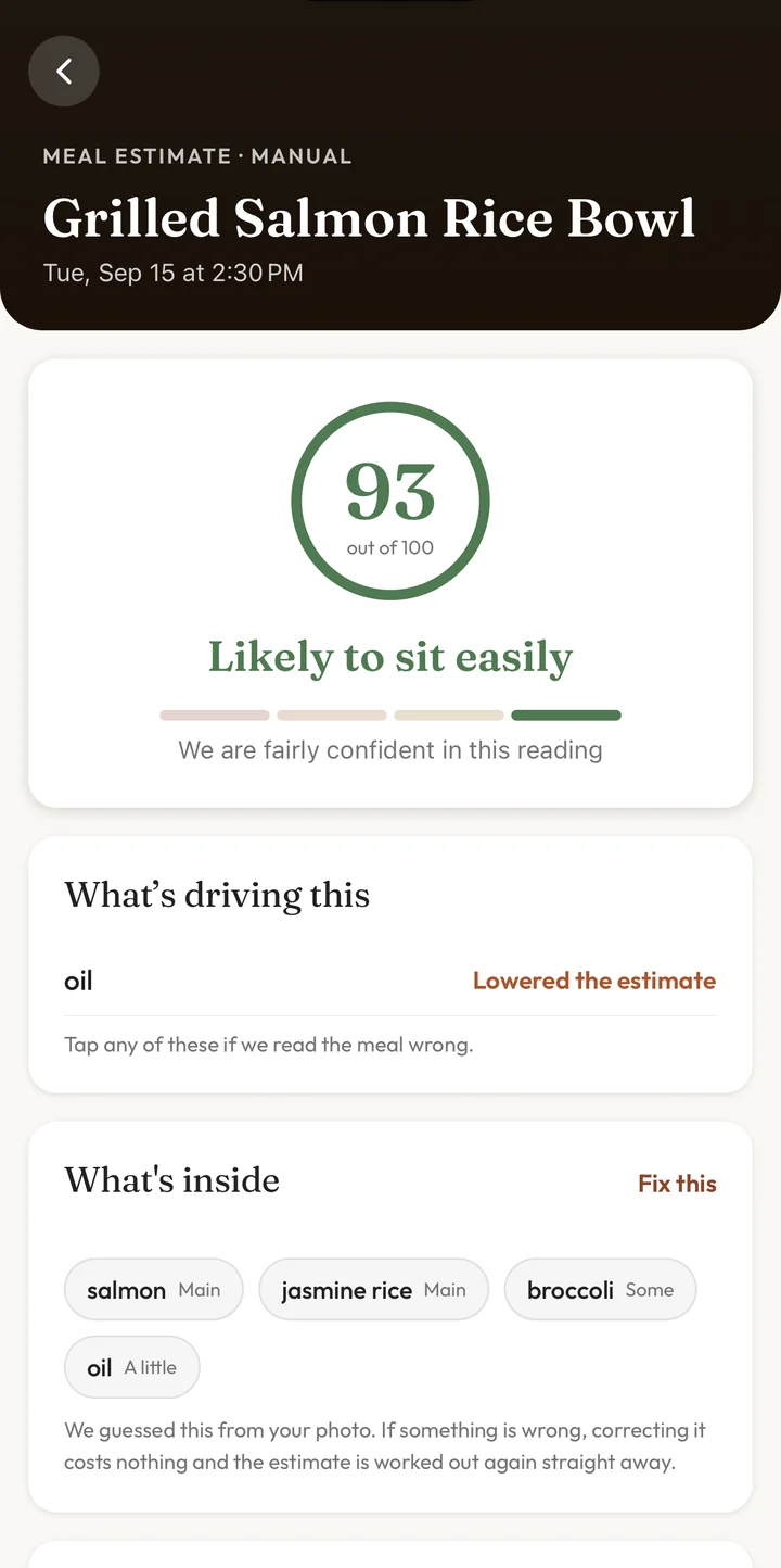 A meal estimate for a grilled salmon rice bowl: 93 out of 100, likely to sit easily, with oil listed as what lowered the estimate and the ingredients the photo was read as.
